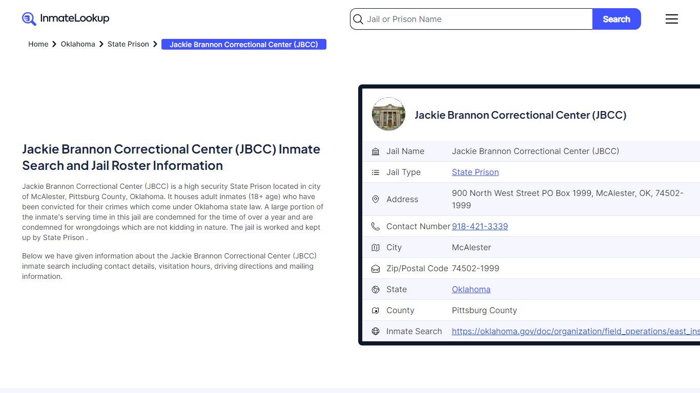 Jackie Brannon Correctional Center (JBCC) Inmate Search, Jail Roster ...